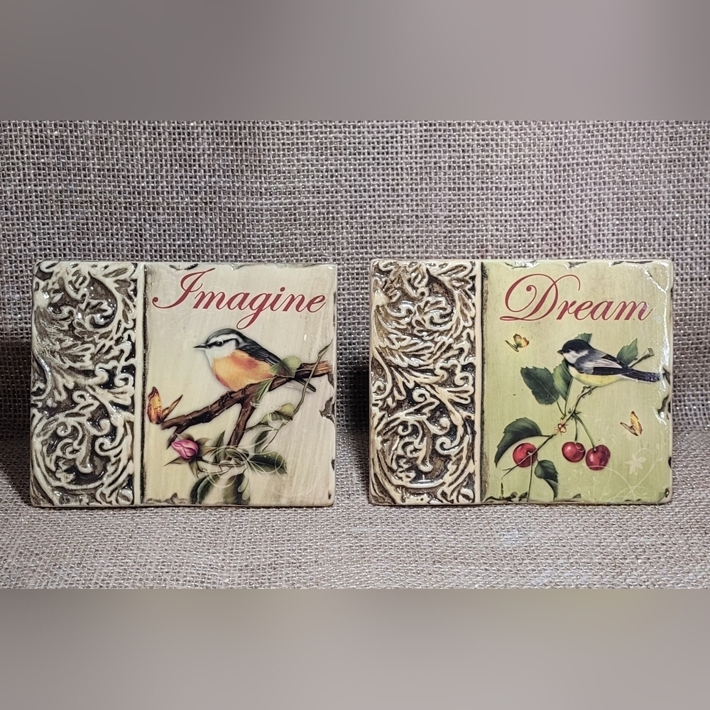 Inspirational Plaque Set Bird Pictures For Wall Or Desk ~ Imagine & Dream~ Gift